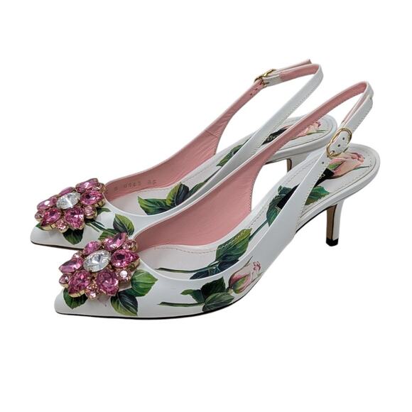 Dolce & Gabbana Jeweled Bellucci Floral Print Slingback Heels White and Pink 35 - Picture 1 of 16